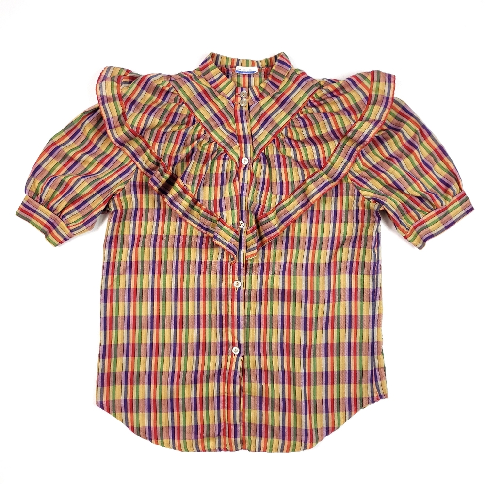 70s Vintage Rainbow Plaid Ruffle Prairie Blouse